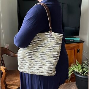 Handmade Crochet Purse with Genuine Leather Handles